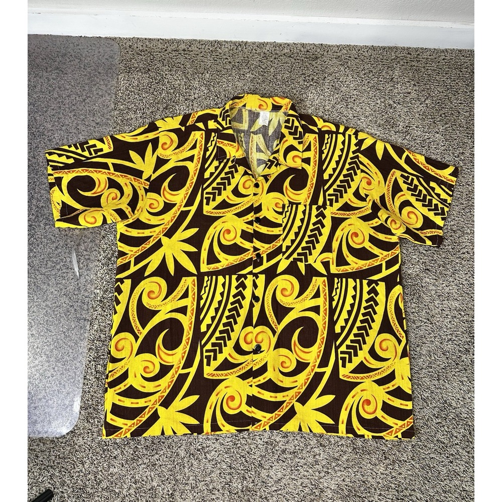 Hawaiian Shirt Men's Size 2XL Button Up Polynesian Tribal Print Yellow Brown